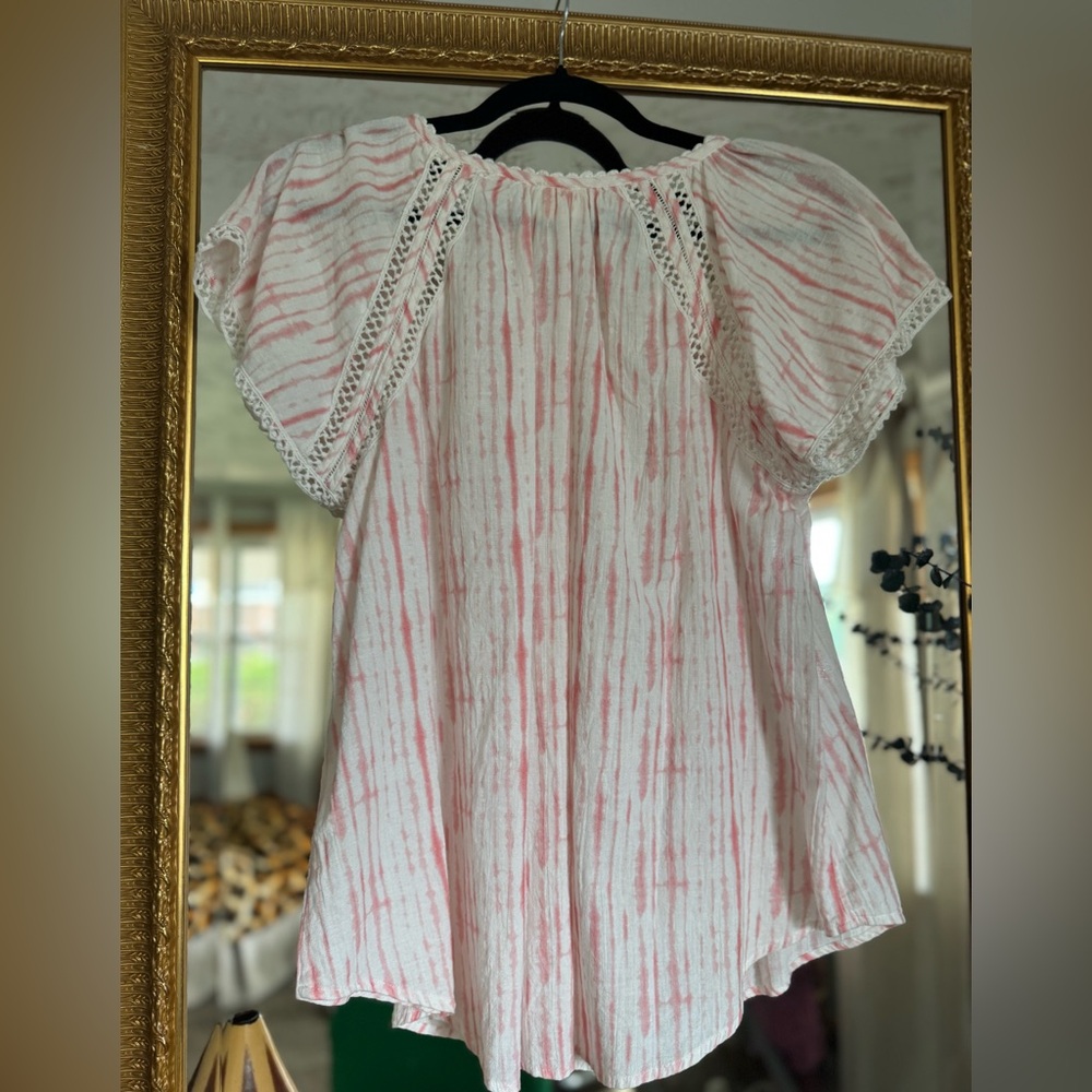 ⨠Boho Coastal Blush Tie-Dye Lace Detail Top | Summer Resort Chic Blouse - Picture 8 of 8